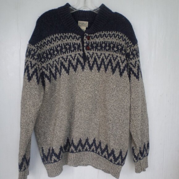 L. L. Bean Fair Isle Lamb's Wool Nordic Sweater Mens Size XL Grey/Black